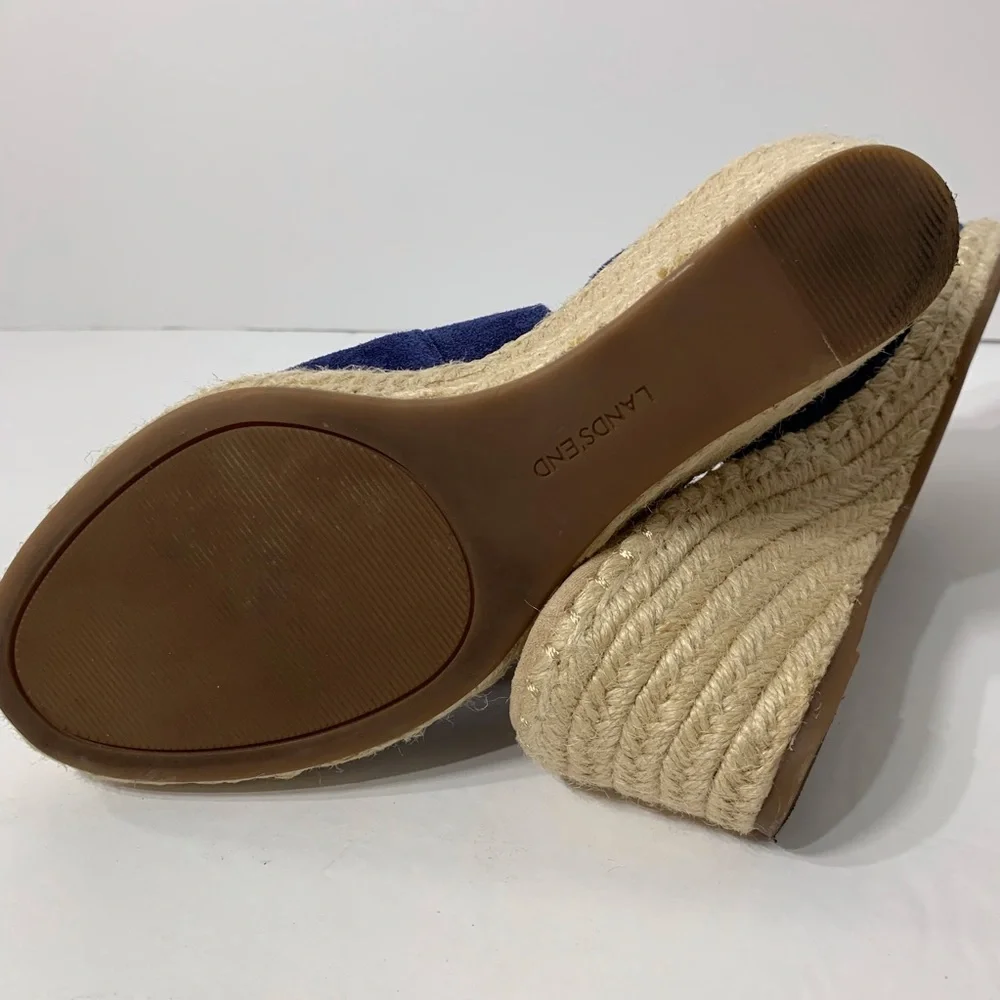 EUC Lands’ End Blue Suede Wedge Jute‎ Heel Sandals
